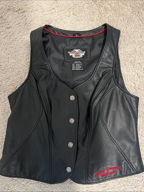 Harley-Davidson Black Leather Women's Large Snap Vest with Red Embroidery